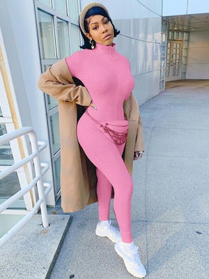 Zippered Elastic High-Neck Embroidered Slim Fit Fitness Jumpsuit