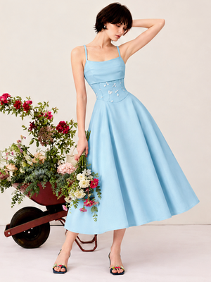 Sweet Romantic Blue Camisoles Applique 3D Flowers Waist Shaping Midi Dresses