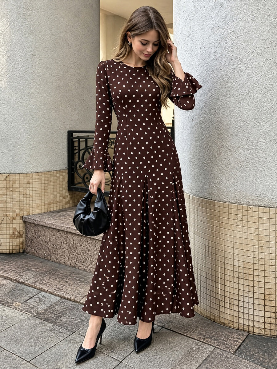 Mermaid Maxi Dress, New Autumn Style, Elegant And Suitable For Commuting, Fitted Waist, Flared Sleeves, Polka Dot. Maxi Dresses