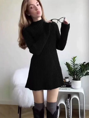 High-neck Solid Color Knitted Short Dress