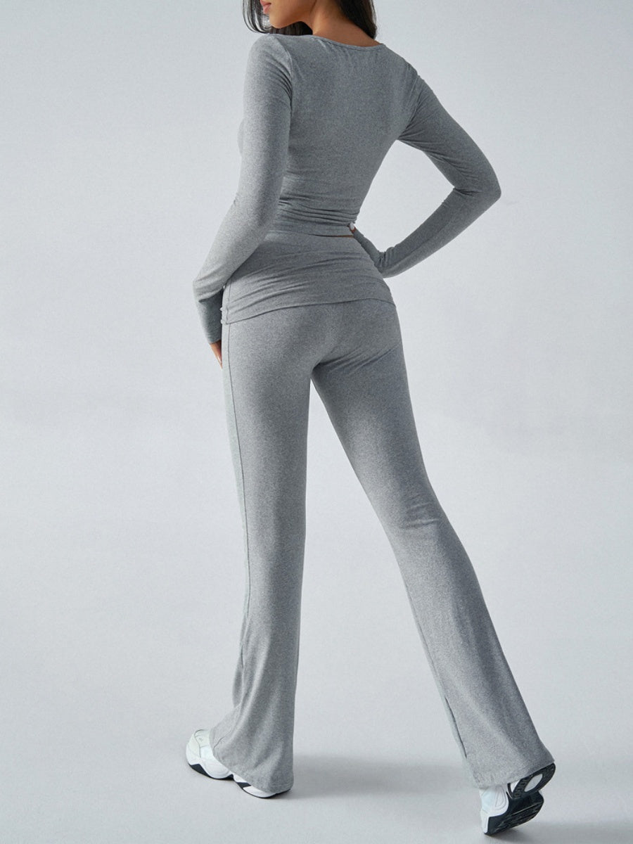 V-neck Long Sleeve Pants Pleated Navel Solid Color 2-piece Sets