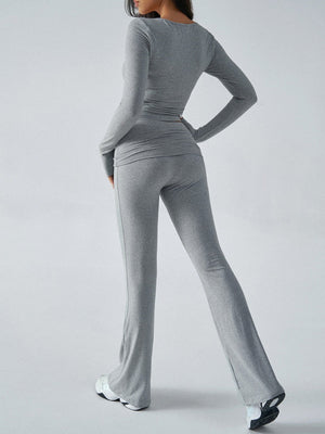 V-neck Long Sleeve Pants Pleated Navel Solid Color 2-piece Sets