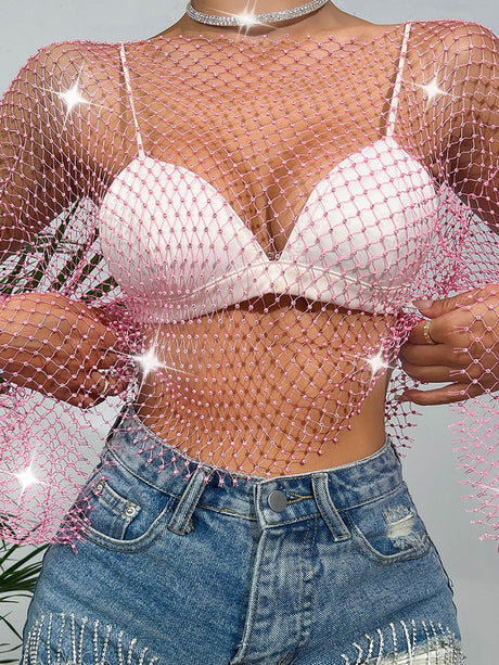 Perspective Fishing Nets Sparkling Diamond Flared Sleeves Jacket T-shirts