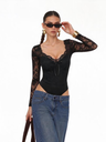 Black V-neck Long-sleeved Top With Lace Trim Jumpsuits&Bodysuits