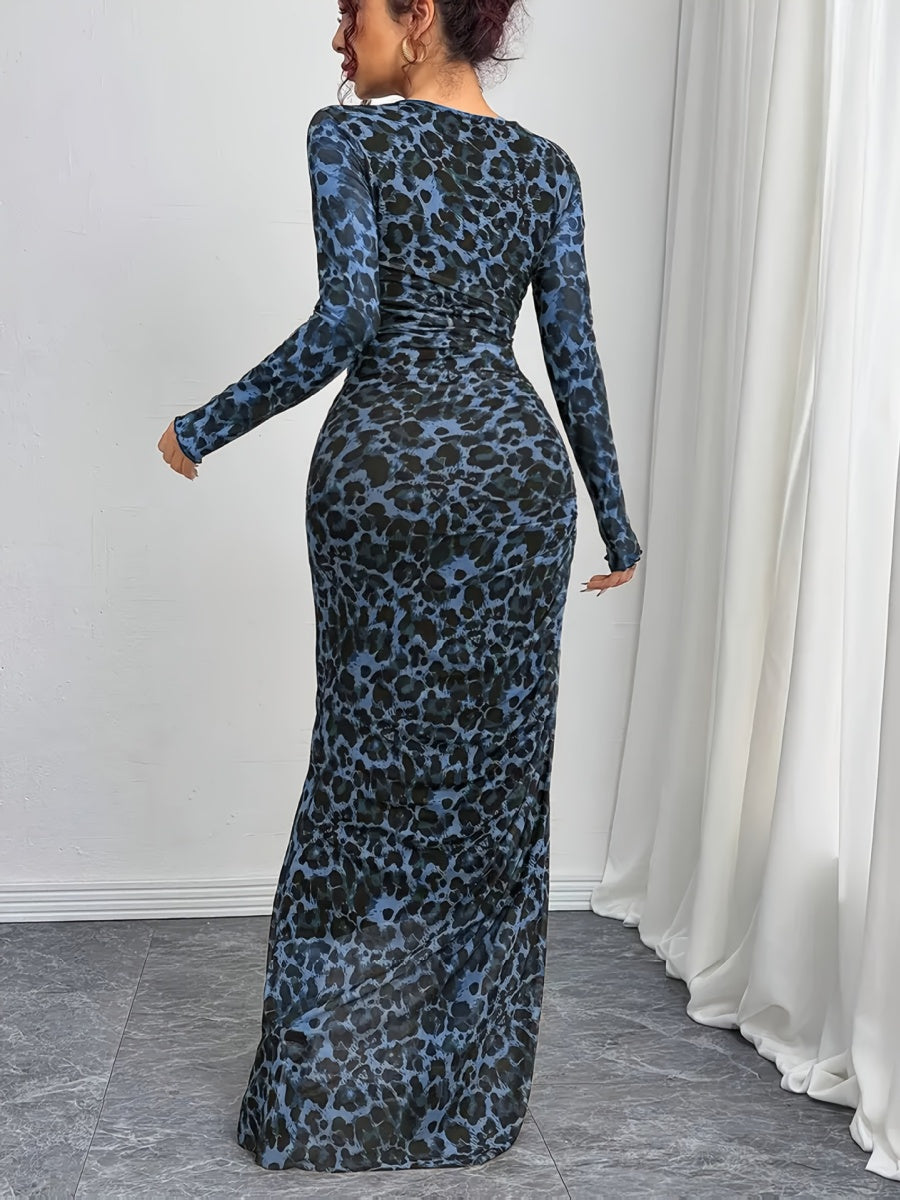 Leopard Mesh Printing Pleats Sexy Tight Fit Crew Neck Maxi Dresses