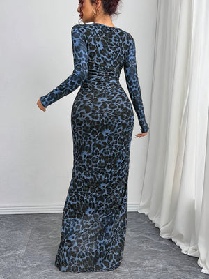 Leopard Mesh Printing Pleats Sexy Tight Fit Crew Neck Maxi Dresses