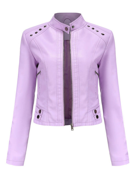 Studs Long Sleeve Stand Collar PU Leather Jackets