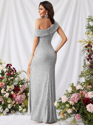 Sequined, Elegant, Asymmetrical Neckline, High Slit Long Dress