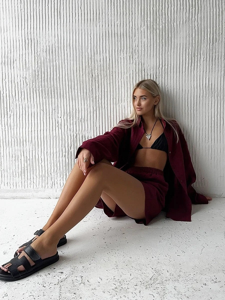 Loose-fit Long Sleeve Shirts Shorts Set 2-piece Sets