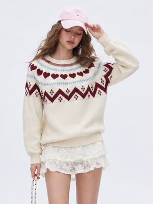 Heart-patterned Jacquard Inner Knitted Pullover Long-sleeved Thick Christmas Sweater