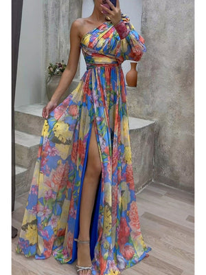 Floral Print Mesh Off-shoulder Maxi Dresses