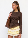 Irregularly Spliced Lace Trim Base Layer Flared Long Sleeve Tie Waist Hollowed-out Shirt T-shirt