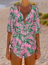 Leaf Print Waist-cinching Tie Long-sleeved Sun Protection Bikini Three-Piece Set