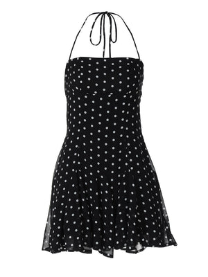 Polka Dot Print Fitted Waist Strapless Halter Neck Short Dress