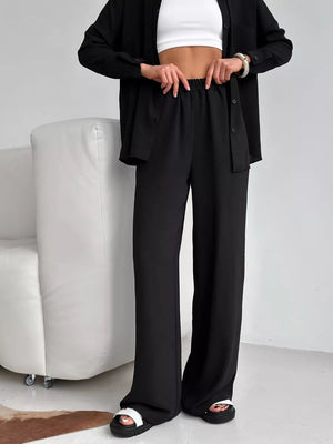 Solid Color Cardigan With Pockets, Casual Wide-leg Trousers 2-piece Sets