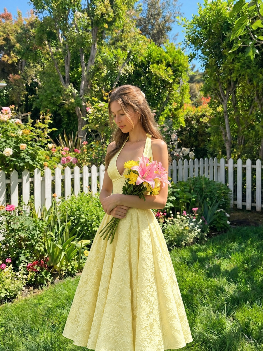 Halter Neck Jacquard Dress, High-end Evening Gown Elegant Sleeveless Backless Fitted Waist Midi Dress