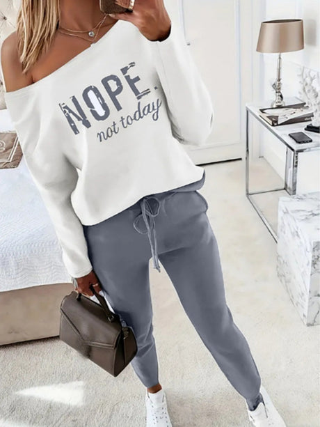 Off-the-shoulder Letter Print Pocket Casual Long-sleeved Shirt Sweatshirts&Hoodies 2-piece Sets