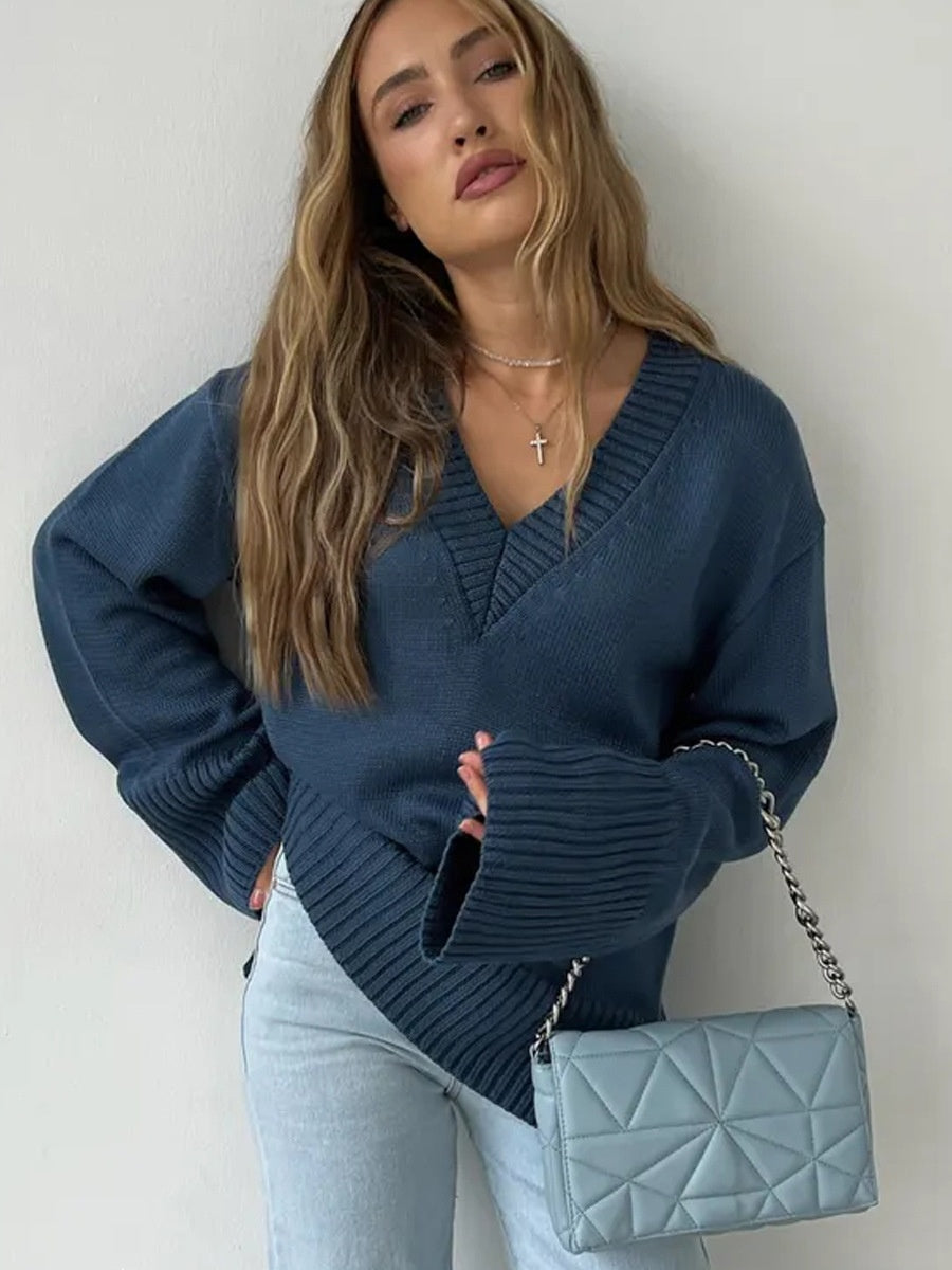 Solid Color Hood Knitting V-neck Flared Sleeves Sweaters