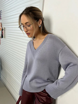 Solid Color Hood Knitting V-neck Flared Sleeves Sweaters