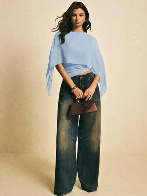 Cape-sleeve T-shirt, Round Neck, Loose Chiffon Cover-up, Elegant Irregular Top/T-shirt
