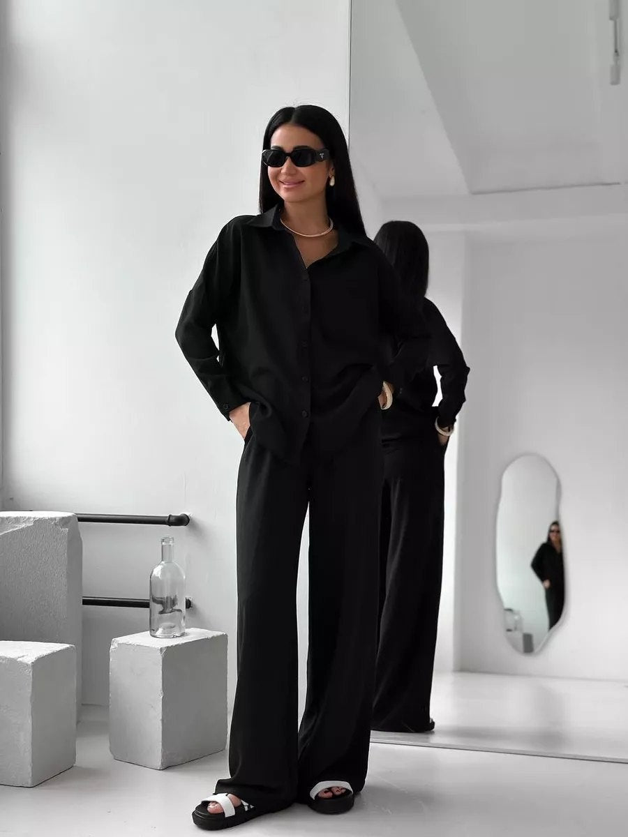 Solid Color Cardigan With Pockets, Casual Wide-leg Trousers 2-piece Sets