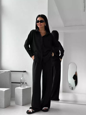 Solid Color Cardigan With Pockets, Casual Wide-leg Trousers 2-piece Sets