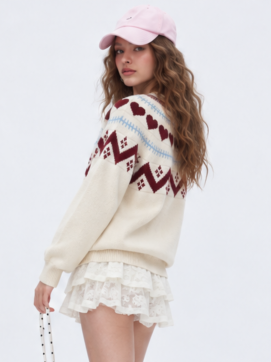 Heart-patterned Jacquard Inner Knitted Pullover Long-sleeved Thick Christmas Sweater