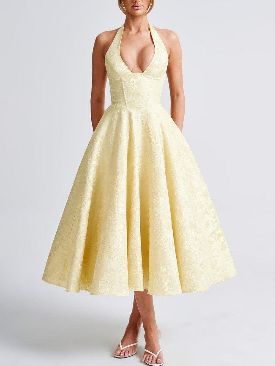 Halter Neck Jacquard Dress, High-end Evening Gown Elegant Sleeveless Backless Fitted Waist Midi Dress