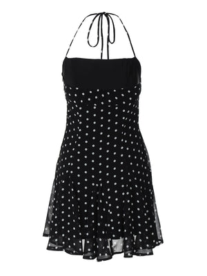 Polka Dot Print Fitted Waist Strapless Halter Neck Short Dress