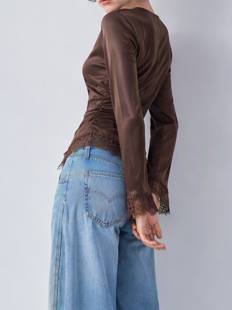 Irregularly Spliced Lace Trim Base Layer Flared Long Sleeve Tie Waist Hollowed-out Shirt T-shirt