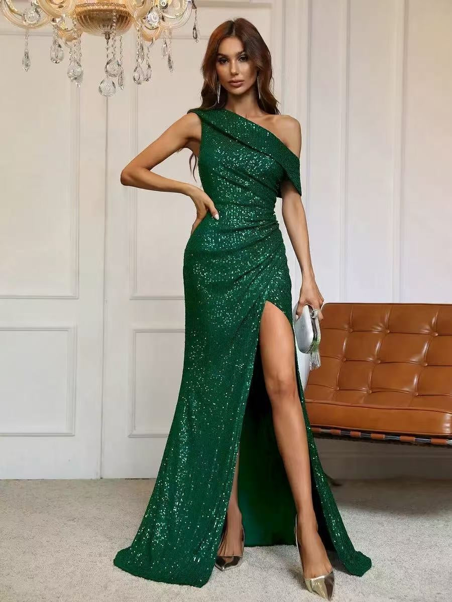 Sequined, Elegant, Asymmetrical Neckline, High Slit Long Dress
