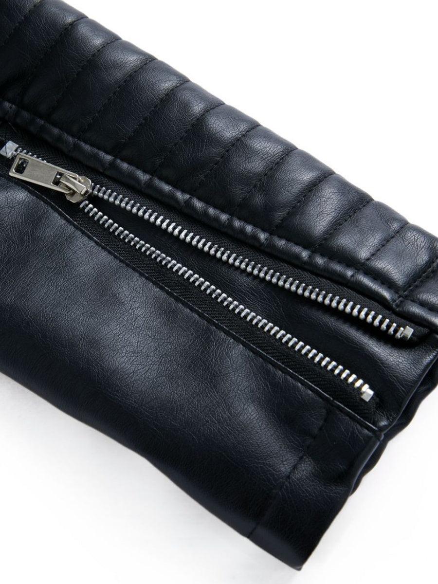 Three-dimensional Decoration Lapel Diagonal Zipper Short Leather Jacket