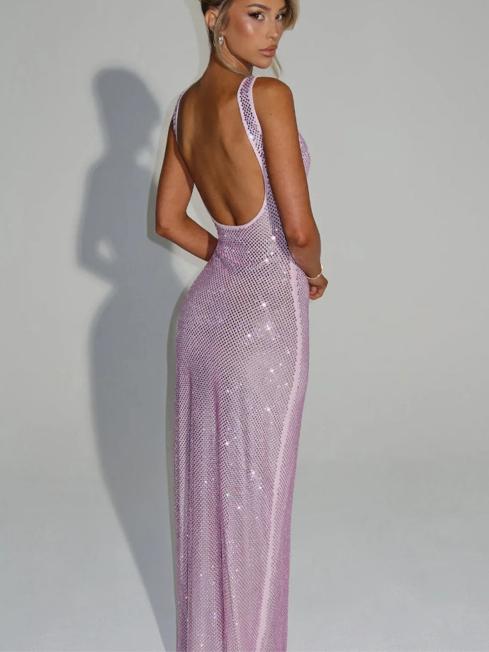 Sexy Double-strap Sequined Rhinestone Halter Top With Cinched Waist And Bodycon Silhouette Long Dress