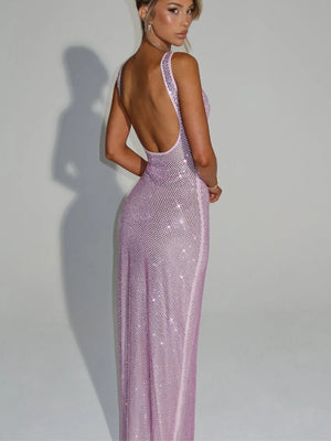 Sexy Double-strap Sequined Rhinestone Halter Top With Cinched Waist And Bodycon Silhouette Long Dress