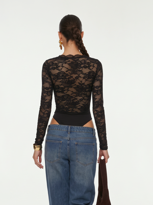 Black V-neck Long-sleeved Top With Lace Trim Jumpsuits&Bodysuits