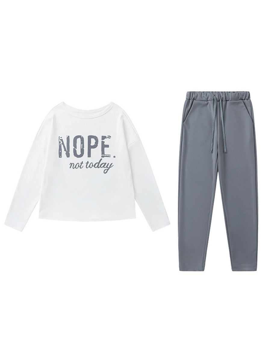 Off-the-shoulder Letter Print Pocket Casual Long-sleeved Shirt Sweatshirts&Hoodies 2-piece Sets