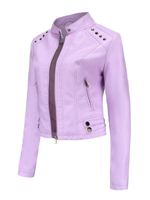Studs Long Sleeve Stand Collar PU Leather Jackets