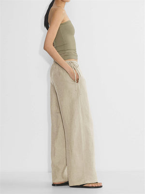 Linen Solid Color Crisscross Strap Non-stretch Loose Trousers