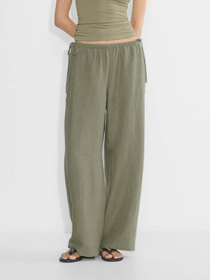 Linen Solid Color Crisscross Strap Non-stretch Loose Trousers