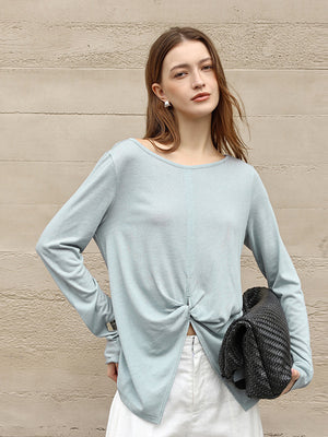 Linen Solid Color Long-sleeved Split Mesh See-through Top