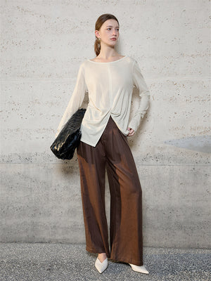 Linen Solid Color Long-sleeved Split Mesh See-through Top