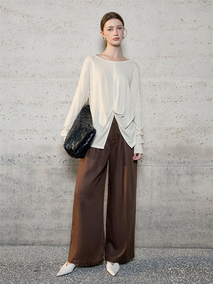 Linen Solid Color Long-sleeved Split Mesh See-through Top