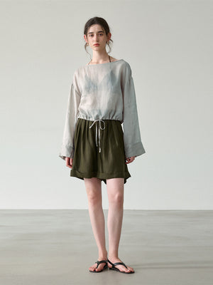 Solid Color Linen Sheer Long-sleeved Layered Chiffon Blouse