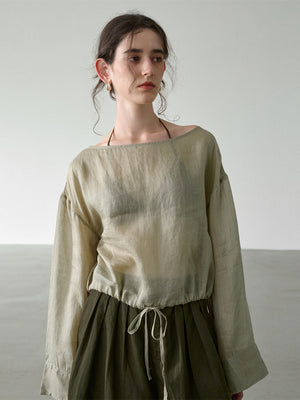 Solid Color Linen Sheer Long-sleeved Layered Chiffon Blouse