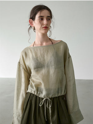 Solid Color Linen Sheer Long-sleeved Layered Chiffon Blouse