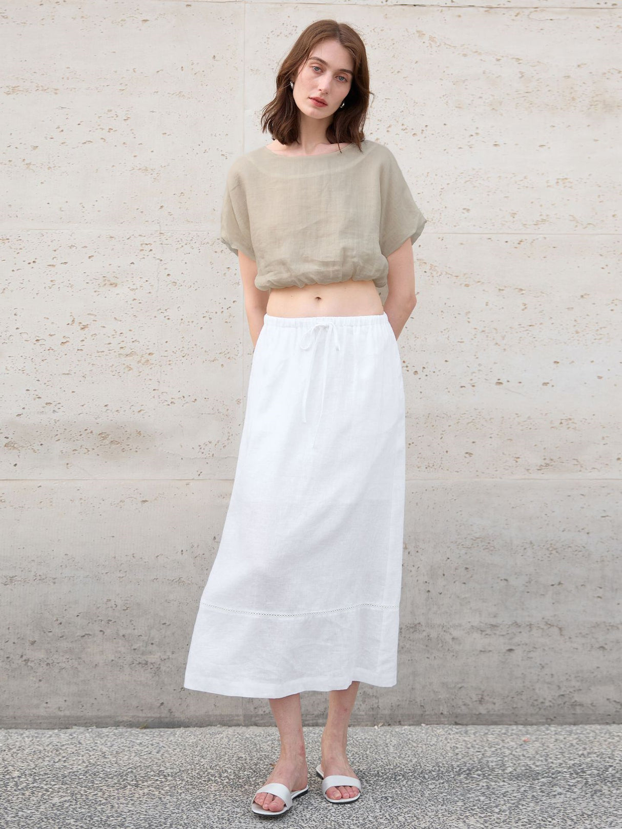 Linen Solid Color Short-sleeved Cropped Mesh See-through Top