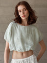 Linen Solid Color Short-sleeved Cropped Mesh See-through Top