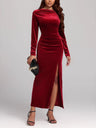 Off-shoulder Velvet Pleated High Slit Long Dress