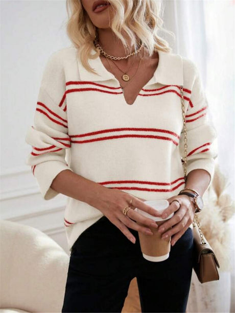 V-neck Striped Color Blocking Polo Shirt Sweater