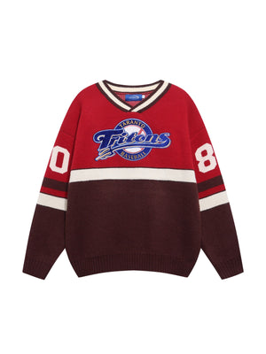 Christmas Retro Color Matching Letter Embroidery V-neck Sweater